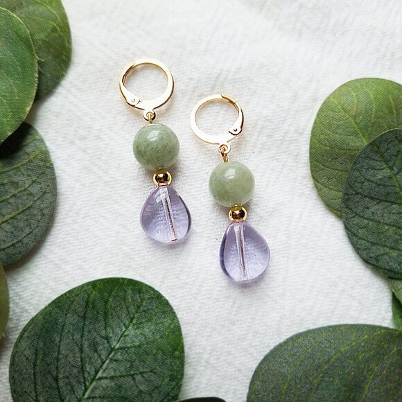 Ethereal Fairycore Earrings, Mystical Romantic Dangles, Gold Plated Jade Earring - Picture 5 of 6